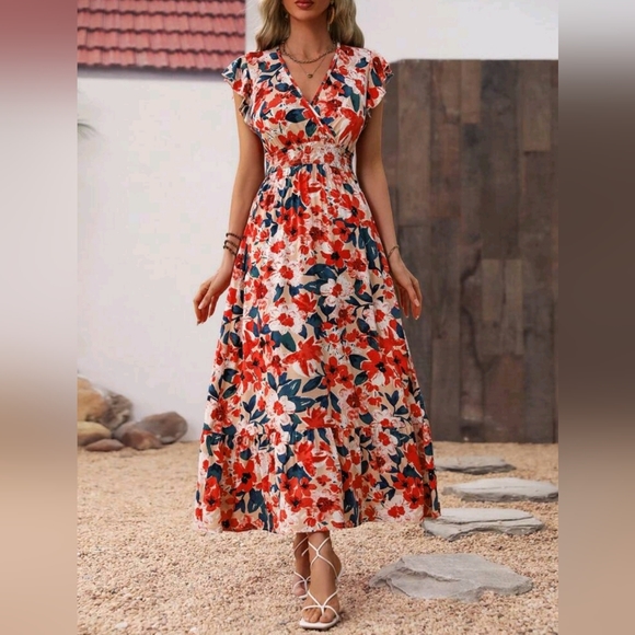 NEW Boho Floral Wrap Top Ruffle Trim Long Dress Red Cream Green Yellow - Picture 3 of 8